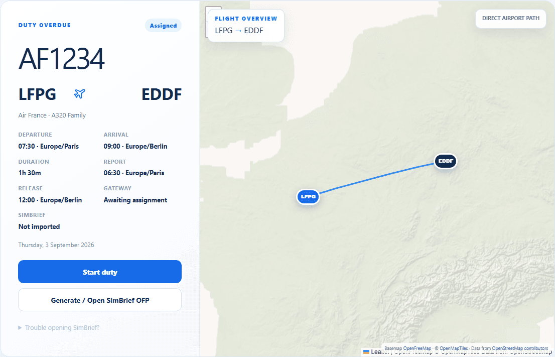 Aviaro career dashboard showing an assigned flight from Paris to Frankfurt