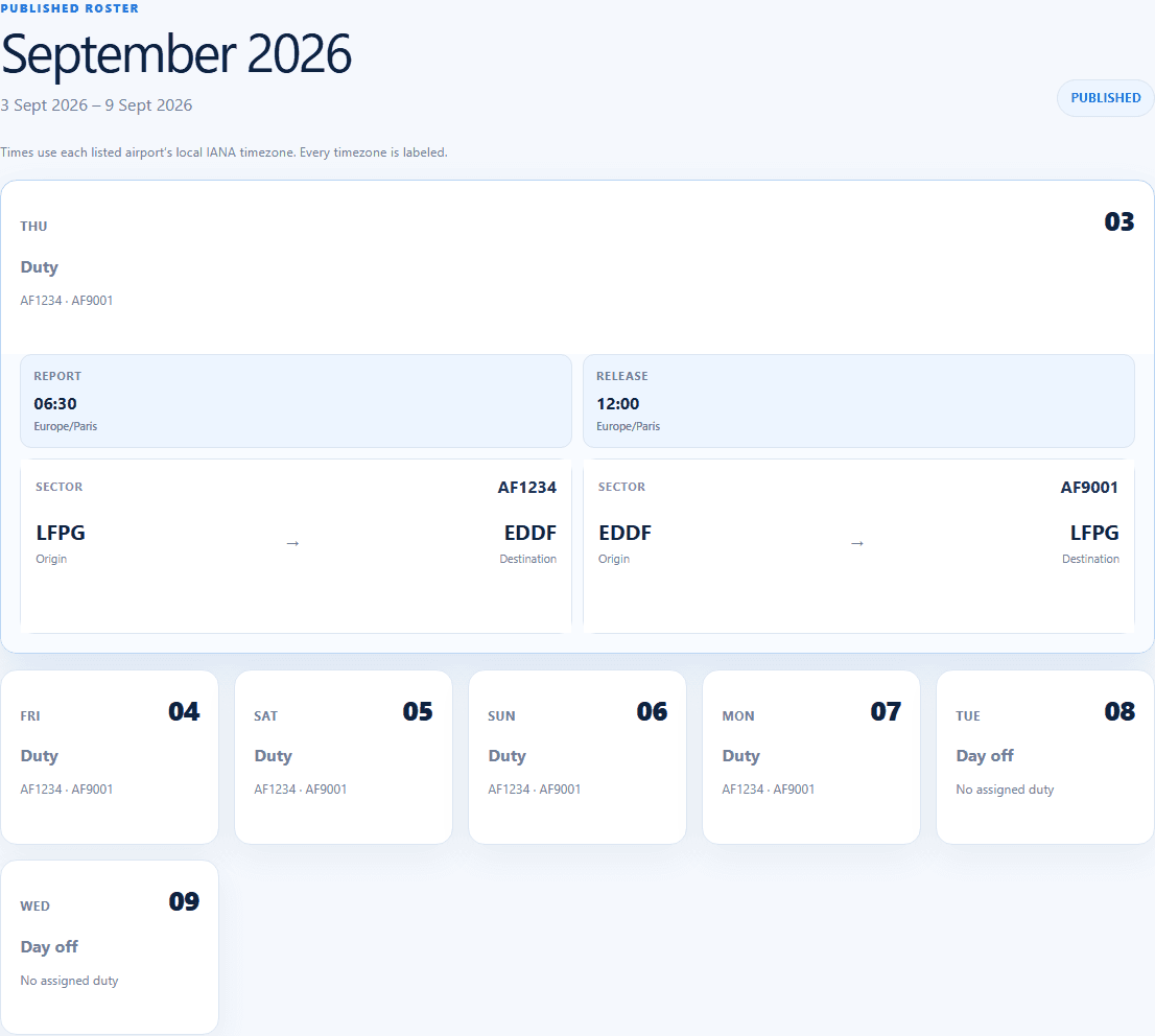Aviaro published roster with assigned airline duties and sectors